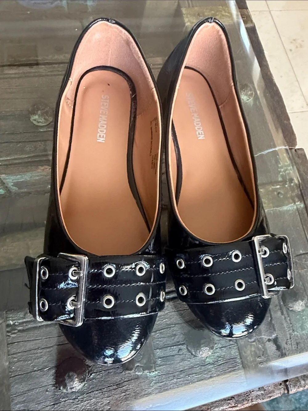 Steve Madden Black Patent Ballet Flats with Grommet Buckle